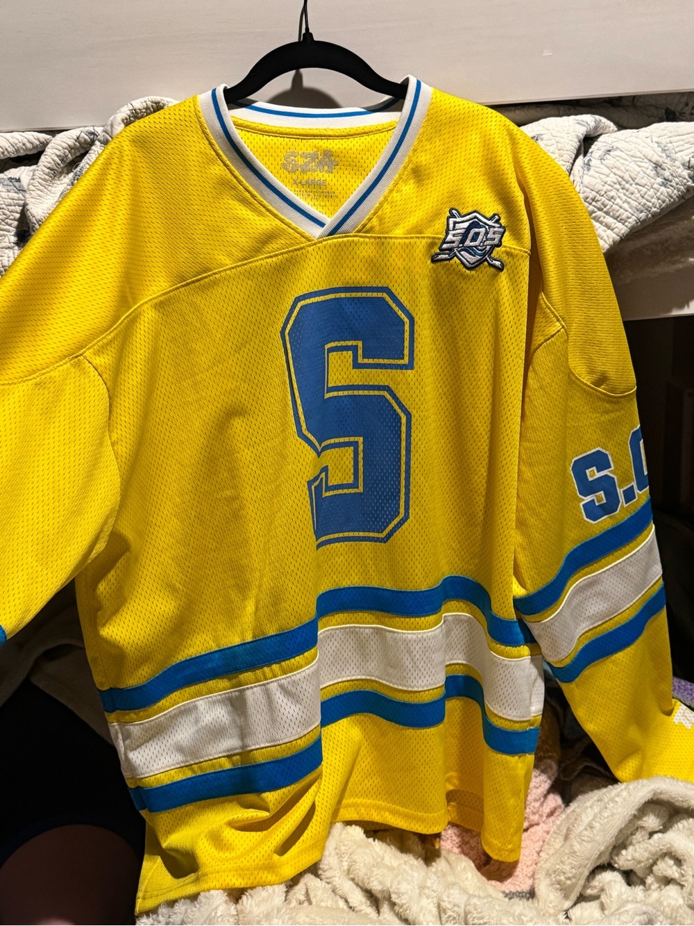 SZA TOUR JERSEY Yellow Hockey Jersey with Blue Letter S. SIZE XL